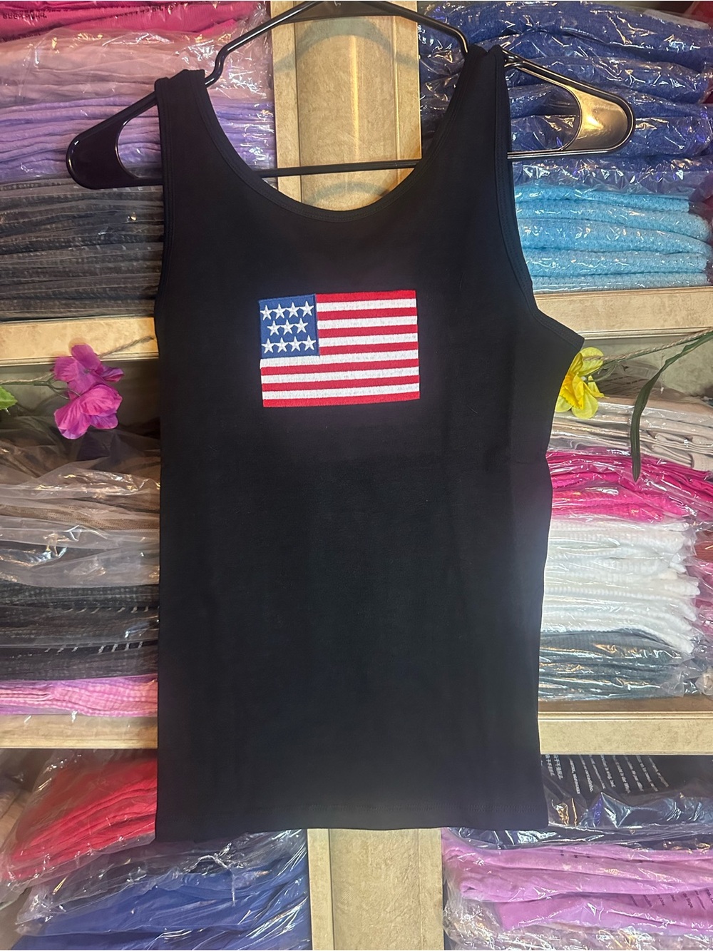 Zenana Outfitters Black Tank Top with Red, White & Blue Flag Patch